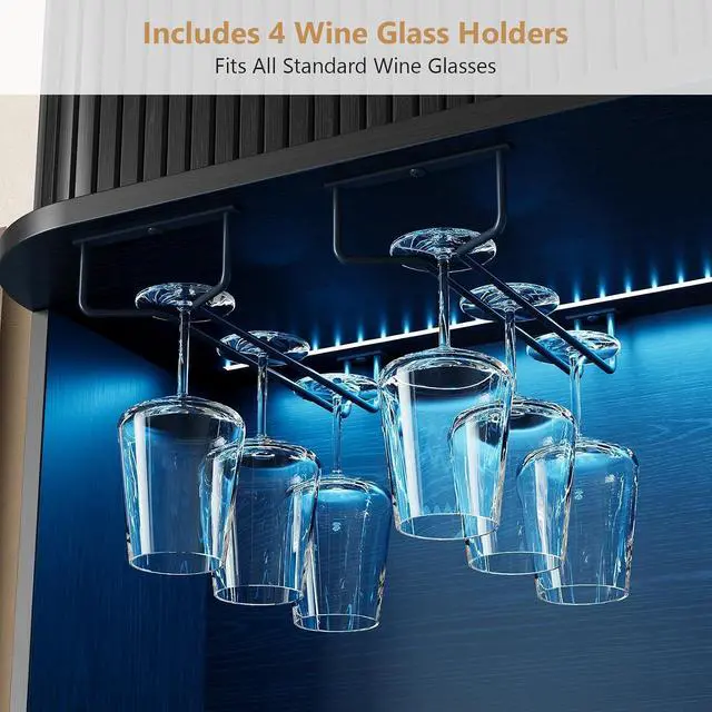 Alt view image 6 of 7 - 71" Tall Wine Bar Cabinet with Storage, Fluted Wood Coffee Bar Cabinet with LED Lights, Modern Liquor Cabinet for Home with Wine Glass Racks, Large Home Bar for Living Room Kitchen