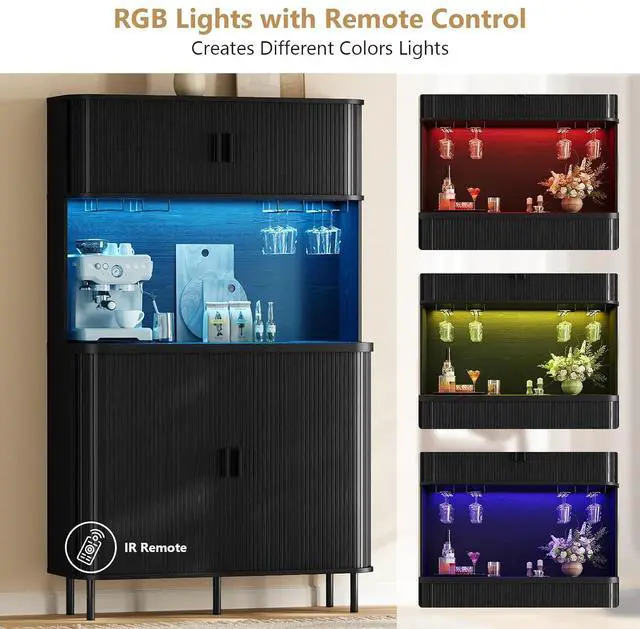Alt view image 7 of 7 - 71" Tall Wine Bar Cabinet with Storage, Fluted Wood Coffee Bar Cabinet with LED Lights, Modern Liquor Cabinet for Home with Wine Glass Racks, Large Home Bar for Living Room Kitchen