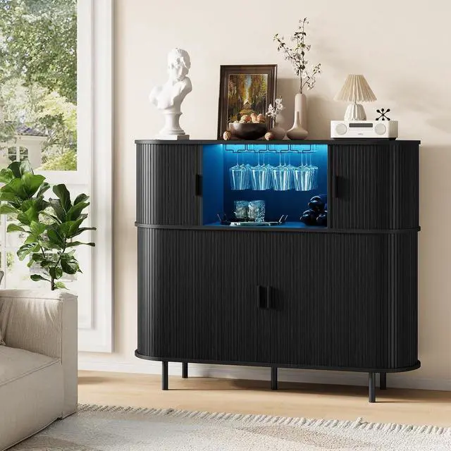 Alt view image 3 of 7 - 55" Fluted Wine Bar Cabinet with LED Lights, Coffee Bar Cabinet with Power Outlet, Modern Liquor Whiskey Cabinets with Wine Rack and Glass Holder, Home Bar for Living Room Kitchen