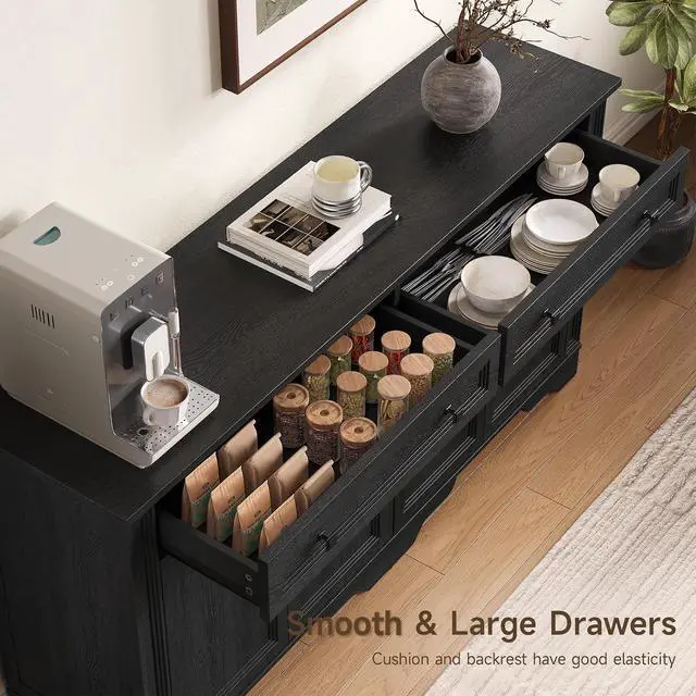 Alt view image 2 of 7 - 63" Sideboard Buffet Cabinet, Kitchen Buffet Storage Cabinet, Large Credenza with Drawers & Doors, Wood Coffee Bar Console Wine Bar for Living Room Hallway Black