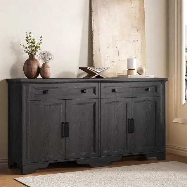 Alt view image 6 of 7 - 63" Sideboard Buffet Cabinet, Kitchen Buffet Storage Cabinet, Large Credenza with Drawers & Doors, Wood Coffee Bar Console Wine Bar for Living Room Hallway Black