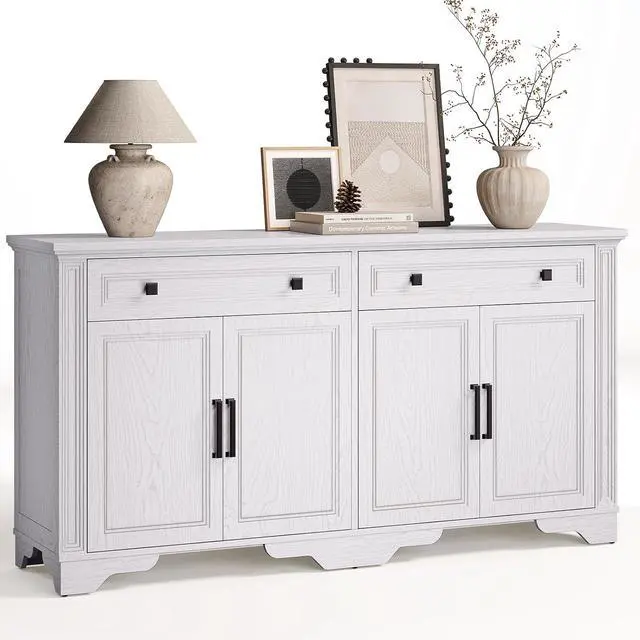 Main image of 63" Sideboard Buffet Cabinet, Kitchen Buffet Storage Cabinet, Large Credenza with Drawers & Doors, Wood Coffee Bar Console Wine Bar for Living Room Hallway White