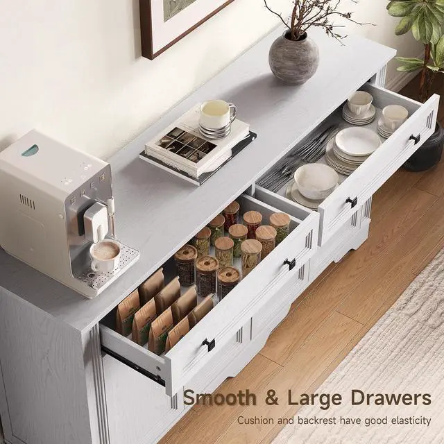 Alt view image 2 of 7 - 63" Sideboard Buffet Cabinet, Kitchen Buffet Storage Cabinet, Large Credenza with Drawers & Doors, Wood Coffee Bar Console Wine Bar for Living Room Hallway White