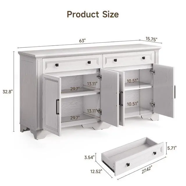 Alt view image 3 of 7 - 63" Sideboard Buffet Cabinet, Kitchen Buffet Storage Cabinet, Large Credenza with Drawers & Doors, Wood Coffee Bar Console Wine Bar for Living Room Hallway White