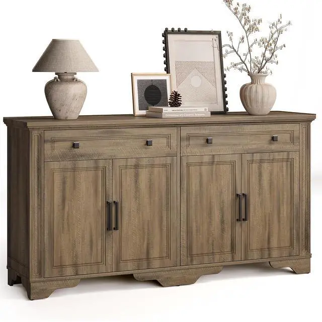 Main image of 63" Sideboard Buffet Cabinet, Kitchen Buffet Storage Cabinet, Large Credenza with Drawers & Doors, Wood Coffee Bar Console Wine Bar for Living Room Hallway Washed Brown