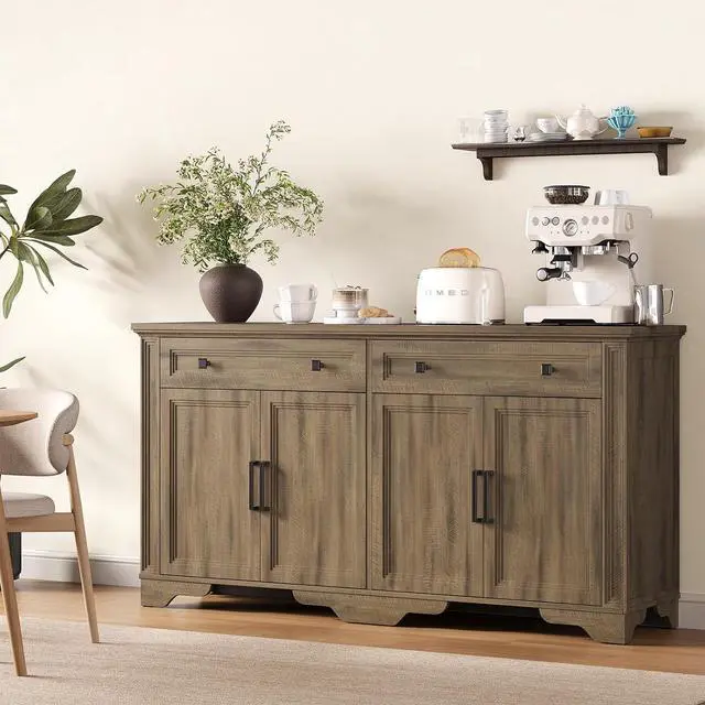 Alt view image 6 of 7 - 63" Sideboard Buffet Cabinet, Kitchen Buffet Storage Cabinet, Large Credenza with Drawers & Doors, Wood Coffee Bar Console Wine Bar for Living Room Hallway Washed Brown