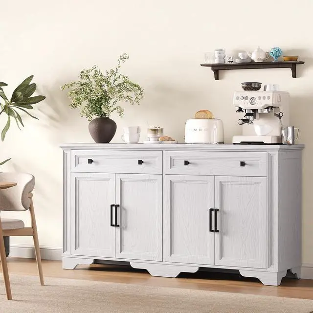 Alt view image 7 of 7 - 63" Sideboard Buffet Cabinet, Kitchen Buffet Storage Cabinet, Large Credenza with Drawers & Doors, Wood Coffee Bar Console Wine Bar for Living Room Hallway White