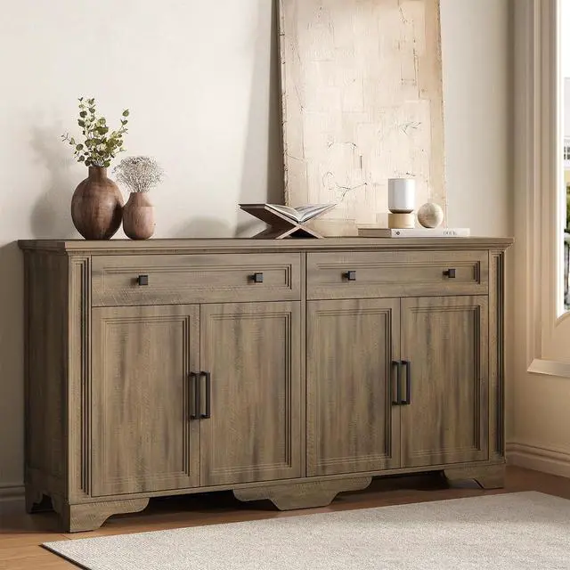 Alt view image 7 of 7 - 63" Sideboard Buffet Cabinet, Kitchen Buffet Storage Cabinet, Large Credenza with Drawers & Doors, Wood Coffee Bar Console Wine Bar for Living Room Hallway Washed Brown