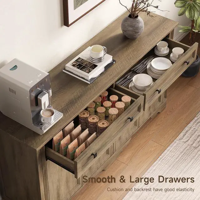 Alt view image 2 of 7 - 63" Sideboard Buffet Cabinet, Kitchen Buffet Storage Cabinet, Large Credenza with Drawers & Doors, Wood Coffee Bar Console Wine Bar for Living Room Hallway Washed Brown