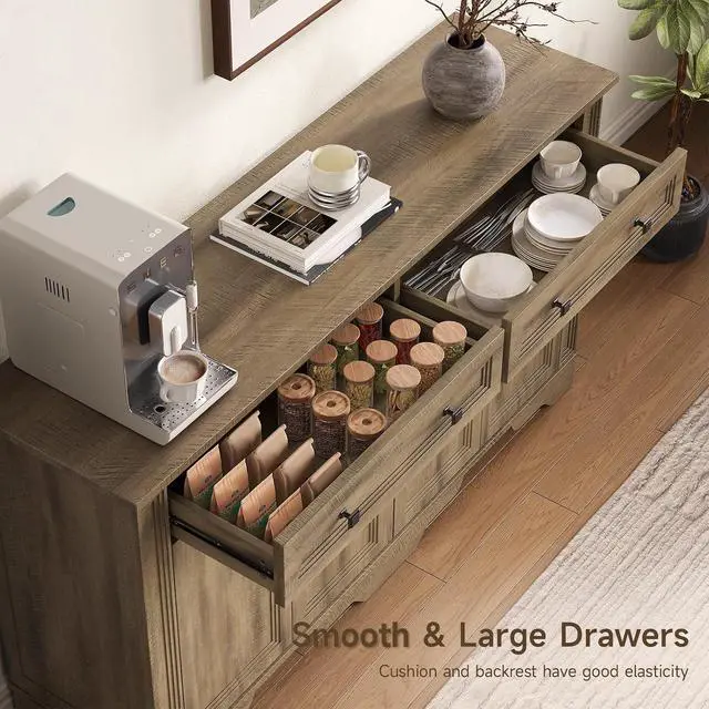 Alt view image 2 of 7 - 55" Sideboard Buffet Cabinet, Kitchen Buffet Storage Cabinet, Large Credenza with Drawers & Doors, Wood Coffee Bar Console Wine Bar for Living Room Hallway Washed Brown