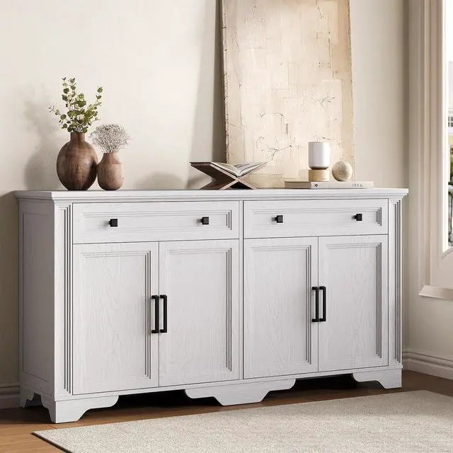 Alt view image 6 of 7 - 63" Sideboard Buffet Cabinet, Kitchen Buffet Storage Cabinet, Large Credenza with Drawers & Doors, Wood Coffee Bar Console Wine Bar for Living Room Hallway White