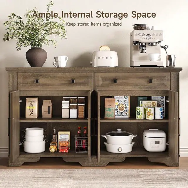 Alt view image 4 of 7 - 55" Sideboard Buffet Cabinet, Kitchen Buffet Storage Cabinet, Large Credenza with Drawers & Doors, Wood Coffee Bar Console Wine Bar for Living Room Hallway Washed Brown