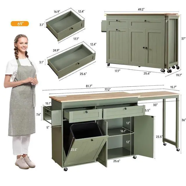 Alt view image 2 of 7 - Kitchen Islands with Extendable Dining Table, 81.7" Mobile Kitchen Storage Islands, Rolling Kitchen Cart with Trash Cabinet, Power Outlet, Spice Rack & Towel Rack, Green
