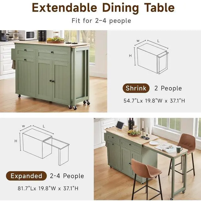 Alt view image 5 of 7 - Kitchen Islands with Extendable Dining Table, 81.7" Mobile Kitchen Storage Islands, Rolling Kitchen Cart with Trash Cabinet, Power Outlet, Spice Rack & Towel Rack, Green
