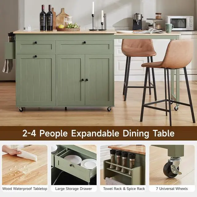 Alt view image 7 of 7 - Kitchen Islands with Extendable Dining Table, 81.7" Mobile Kitchen Storage Islands, Rolling Kitchen Cart with Trash Cabinet, Power Outlet, Spice Rack & Towel Rack, Green