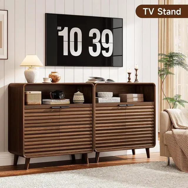 Alt view image 4 of 7 - 31.5" Sideboard Buffet Cabinet with Storage, Curved Sideboard with 2 Wave Doors and Angled Side Frame, Small Storage Cabinet with Adjustable Shelves, Coffee Bar Cabinet for Living Room, Walnut