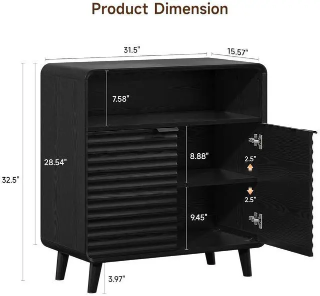 Alt view image 2 of 7 - 31.5" Sideboard Buffet Cabinet with Storage, Curved Sideboard with 2 Wave Doors and Angled Side Frame, Small Storage Cabinet with Adjustable Shelves, Coffee Bar Cabinet for Dining Room, Black