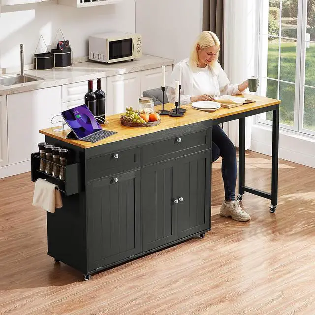 Alt view image 4 of 7 - Kitchen Islands with Extendable Dining Table, 81.7" Mobile Kitchen Storage Islands, Rolling Kitchen Cart with Trash Cabinet, Power Outlet, Spice Rack & Towel Rack, Black