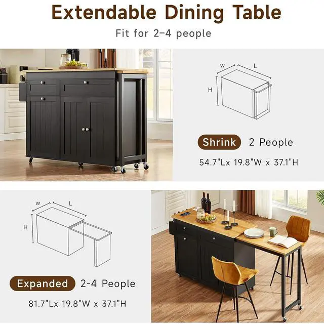 Alt view image 5 of 7 - Kitchen Islands with Extendable Dining Table, 81.7" Mobile Kitchen Storage Islands, Rolling Kitchen Cart with Trash Cabinet, Power Outlet, Spice Rack & Towel Rack, Black
