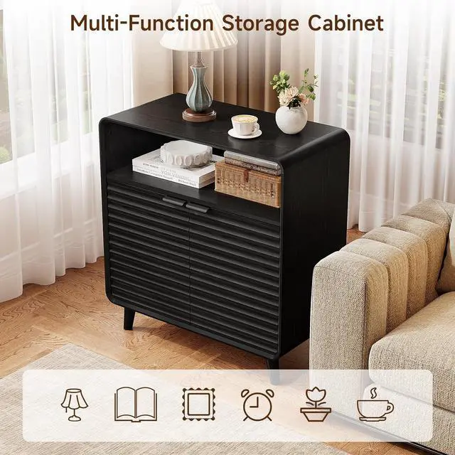 Alt view image 3 of 7 - 31.5" Sideboard Buffet Cabinet with Storage, Curved Sideboard with 2 Wave Doors and Angled Side Frame, Small Storage Cabinet with Adjustable Shelves, Coffee Bar Cabinet for Dining Room, Black
