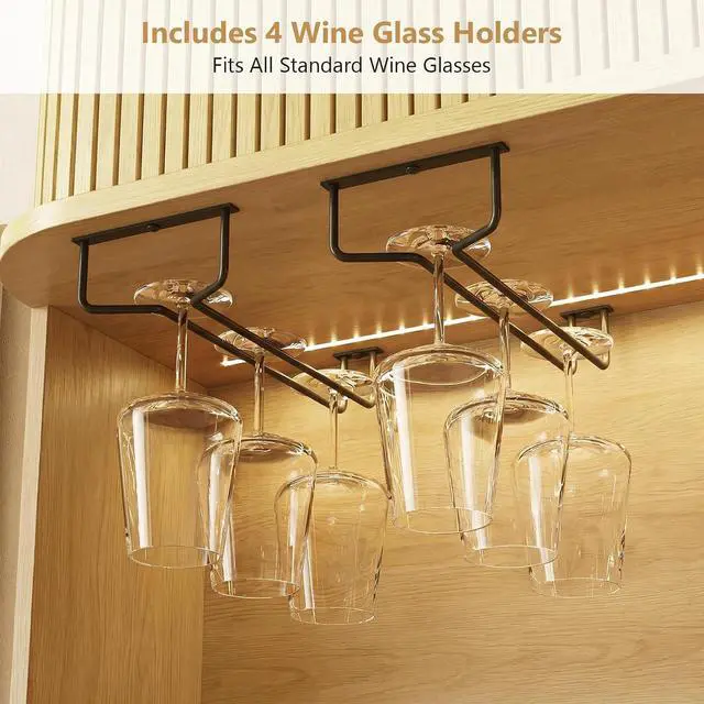 Alt view image 6 of 7 - 71" Tall Wine Bar Cabinet with Storage, Fluted Wood Coffee Bar Cabinet with LED Lights, Modern Liquor Cabinet for Home with Wine Glass Racks, Large Home Bar for Living Room Kitchen Oak