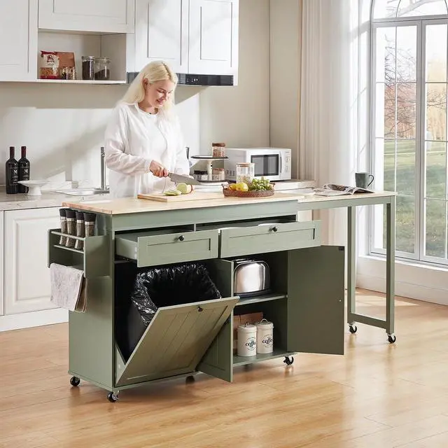 Alt view image 3 of 7 - Kitchen Islands with Extendable Dining Table, 81.7" Mobile Kitchen Storage Islands, Rolling Kitchen Cart with Trash Cabinet, Power Outlet, Spice Rack & Towel Rack, Green