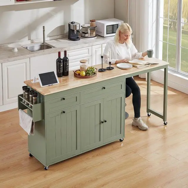 Alt view image 4 of 7 - Kitchen Islands with Extendable Dining Table, 81.7" Mobile Kitchen Storage Islands, Rolling Kitchen Cart with Trash Cabinet, Power Outlet, Spice Rack & Towel Rack, Green