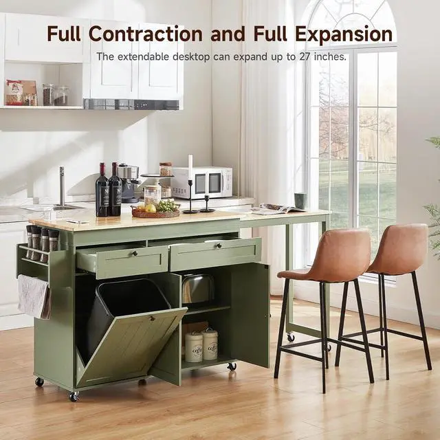 Alt view image 6 of 7 - Kitchen Islands with Extendable Dining Table, 81.7" Mobile Kitchen Storage Islands, Rolling Kitchen Cart with Trash Cabinet, Power Outlet, Spice Rack & Towel Rack, Green