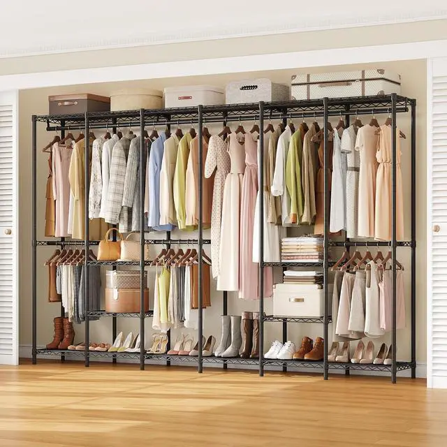 Alt view image 2 of 7 - F6 Free Standing Industrial Pipe Clothes Rack, Large Heavy Duty Metal Garment Rack, Closet Organizer Storage System with Adjustable Shelves & Hanging Rods, Portable Wardrobe - Black