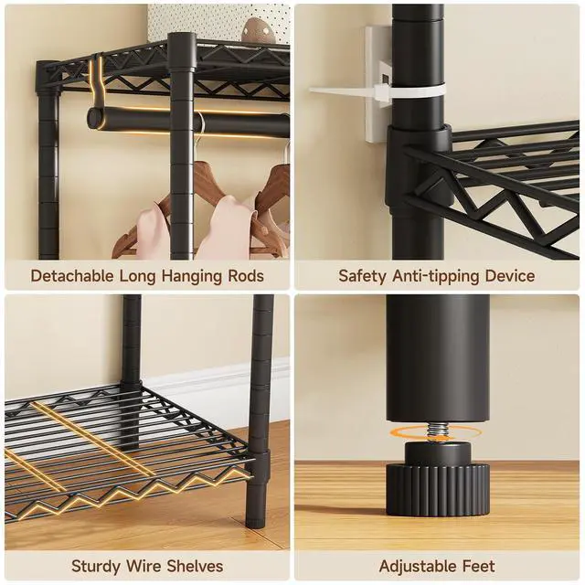 Alt view image 7 of 7 - F6 Free Standing Industrial Pipe Clothes Rack, Large Heavy Duty Metal Garment Rack, Closet Organizer Storage System with Adjustable Shelves & Hanging Rods, Portable Wardrobe - Black