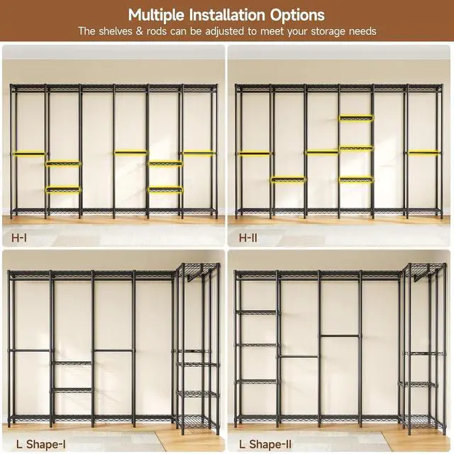 Alt view image 6 of 7 - F6 Free Standing Industrial Pipe Clothes Rack, Large Heavy Duty Metal Garment Rack, Closet Organizer Storage System with Adjustable Shelves & Hanging Rods, Portable Wardrobe - Black
