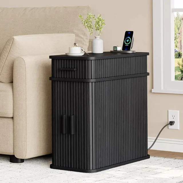 Main image of Fluted End Table with Charging Station, Narrow Side Table with Drawers, Skinny Nightstand with Storage, Mid-Century Modern Bedside Tables for Small Space Living Room Sofa Couch, Patent Pending