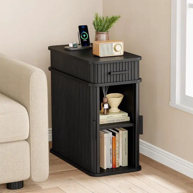 Alt view image 3 of 7 - Fluted End Table with Charging Station, Narrow Side Table with Drawers, Skinny Nightstand with Storage, Mid-Century Modern Bedside Tables for Small Space Living Room Sofa Couch, Patent Pending