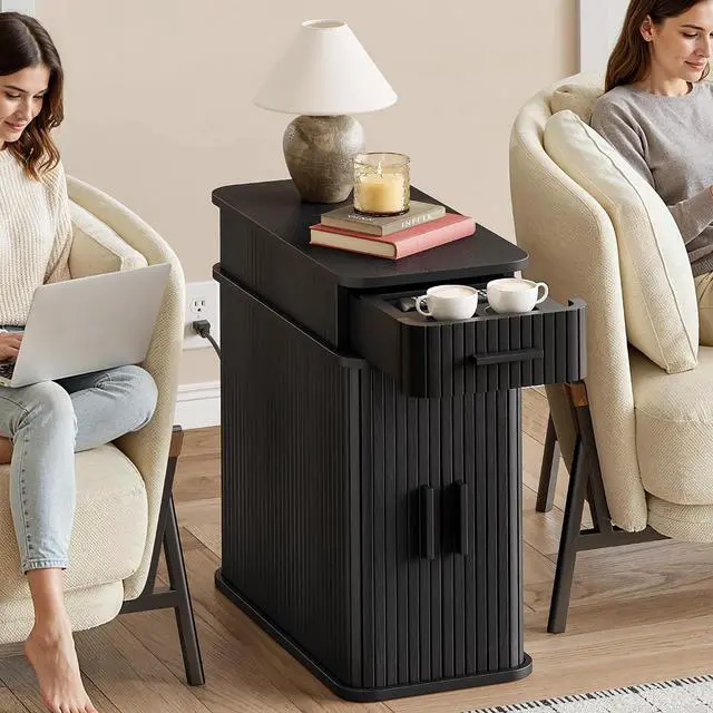 Alt view image 4 of 7 - Fluted End Table with Charging Station, Narrow Side Table with Drawers, Skinny Nightstand with Storage, Mid-Century Modern Bedside Tables for Small Space Living Room Sofa Couch, Patent Pending