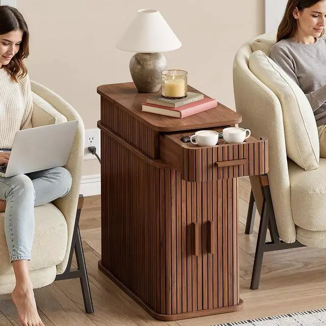 Alt view image 4 of 7 - Fluted End Table with Charging Station, Narrow Side Table with Drawers, Wood Skinny Nightstand with Storage, Mid-Century Modern Bedside Tables for Small Space Living Room Bedroom Sofa Couch