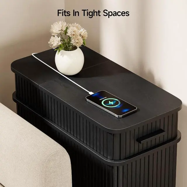Alt view image 6 of 7 - Fluted End Table with Charging Station, Narrow Side Table with Drawers, Skinny Nightstand with Storage, Mid-Century Modern Bedside Tables for Small Space Living Room Sofa Couch, Patent Pending