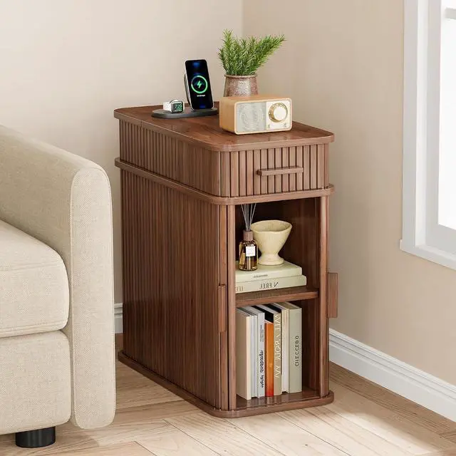 Alt view image 3 of 7 - Fluted End Table with Charging Station, Narrow Side Table with Drawers, Wood Skinny Nightstand with Storage, Mid-Century Modern Bedside Tables for Small Space Living Room Bedroom Sofa Couch