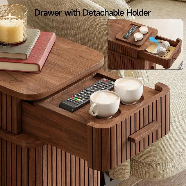 Alt view image 5 of 7 - Fluted End Table with Charging Station, Narrow Side Table with Drawers, Wood Skinny Nightstand with Storage, Mid-Century Modern Bedside Tables for Small Space Living Room Bedroom Sofa Couch