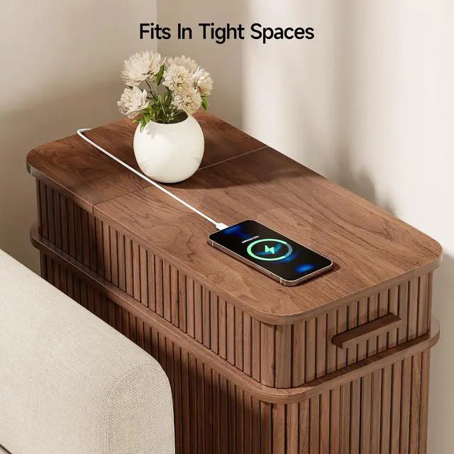 Alt view image 6 of 7 - Fluted End Table with Charging Station, Narrow Side Table with Drawers, Wood Skinny Nightstand with Storage, Mid-Century Modern Bedside Tables for Small Space Living Room Bedroom Sofa Couch