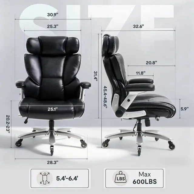 Alt view image 2 of 7 - 600lbs Big and Tall Office Chair for Heavy People, Heavy Duty Computer Desk Chair with Dynamic Lumbar Support 2D Armrest Blade Wheels, Chairs for Home Office Gaming Working, Leather, Black