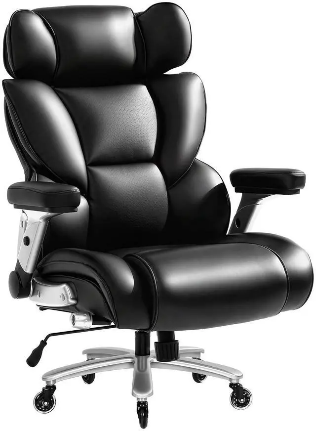 Alt view image 3 of 7 - 600lbs Big and Tall Office Chair for Heavy People, Heavy Duty Computer Desk Chair with Dynamic Lumbar Support 2D Armrest Blade Wheels, Chairs for Home Office Gaming Working, Leather, Black