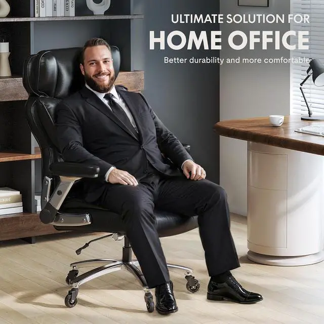 Alt view image 4 of 7 - 600lbs Big and Tall Office Chair for Heavy People, High Back Heavy Duty Computer Chair with Lumbar Support 2D Armrest, Desk Chairs for Working Gaming Relaxing Cross Legged, PU Leather, Black