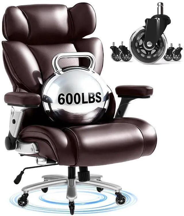 Main image of 600lbs Big and Tall Office Chair for Heavy People, Heavy Duty Computer Desk Chair with Dynamic Lumbar Support 2D Armrest Blade Wheels, Chairs for Home Office Gaming Working, Leather, Brown