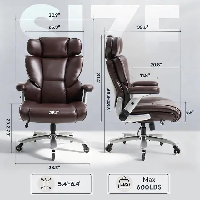 Alt view image 2 of 7 - 600lbs Big and Tall Office Chair for Heavy People, Heavy Duty Computer Desk Chair with Dynamic Lumbar Support 2D Armrest Blade Wheels, Chairs for Home Office Gaming Working, Leather, Brown