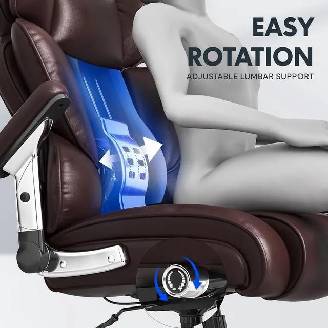 Alt view image 4 of 7 - 600lbs Big and Tall Office Chair for Heavy People, Heavy Duty Computer Desk Chair with Dynamic Lumbar Support 2D Armrest Blade Wheels, Chairs for Home Office Gaming Working, Leather, Brown