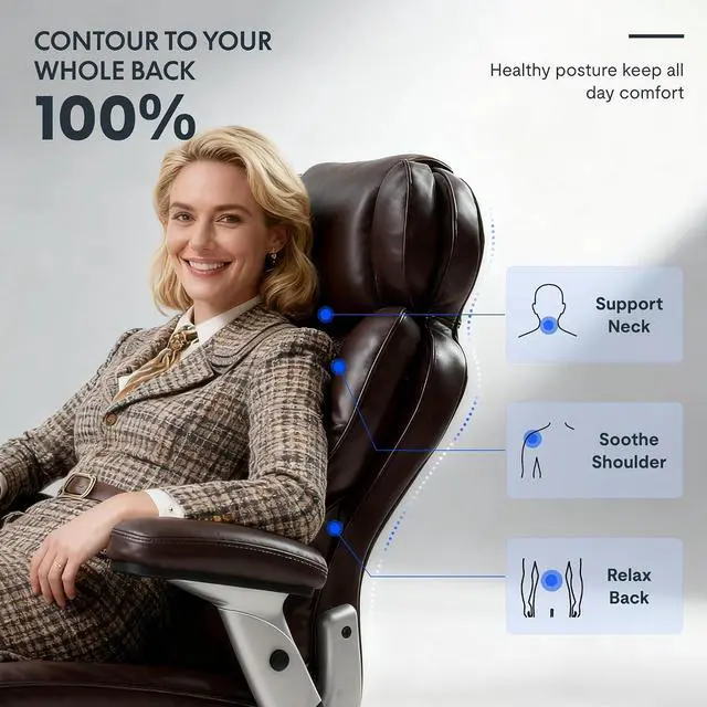 Alt view image 5 of 7 - 600lbs Big and Tall Office Chair for Heavy People, Heavy Duty Computer Desk Chair with Dynamic Lumbar Support 2D Armrest Blade Wheels, Chairs for Home Office Gaming Working, Leather, Brown
