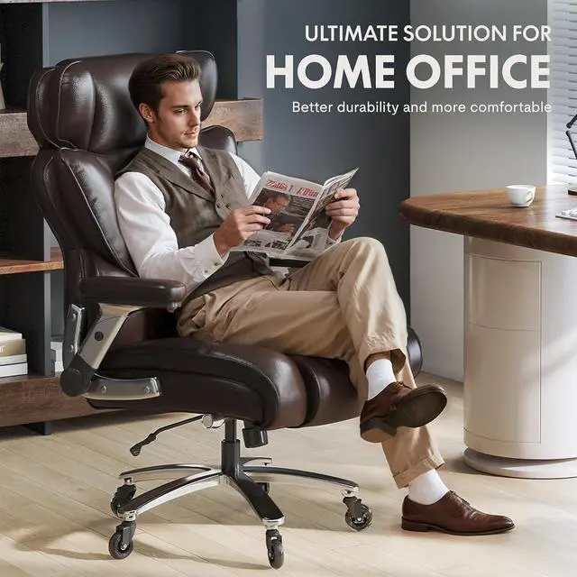 Alt view image 4 of 7 - 600lbs Big and Tall Office Chair for Heavy People, High Back Heavy Duty Computer Chair with Lumbar Support 2D Armrest, Desk Chairs for Working Gaming Relaxing Cross Legged, PU Leather, Brown