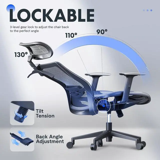 Alt view image 7 of 7 - Ergonomic Office Chair, High Back Mesh Swivel Computer Chair, Executive Office Desk Chairs, with Adjustable Lumbar Support/2D Headrest/Lockable Backrest, OC3 Mesh Seat, Gray