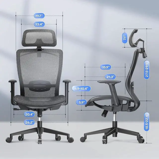 Alt view image 3 of 7 - Ergonomic Office Chair, High Back Mesh Swivel Computer Chair, Executive Office Desk Chairs, with Adjustable Lumbar Support/2D Headrest/Lockable Backrest, OC3 Mesh Seat, Gray