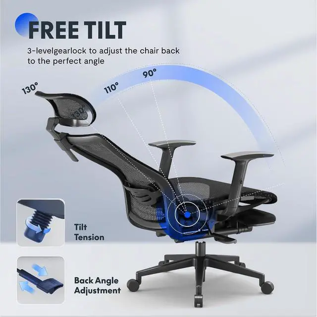 Alt view image 7 of 7 - Ergonomic Office Chair with Footrest, Mesh High Back Computer Chair, Home Office Desk Chairs, with Adjustable Lumbar Support/2D Headrest/Reliable Base, Elastic Foam Seat, Black, OC3 Cloud-F